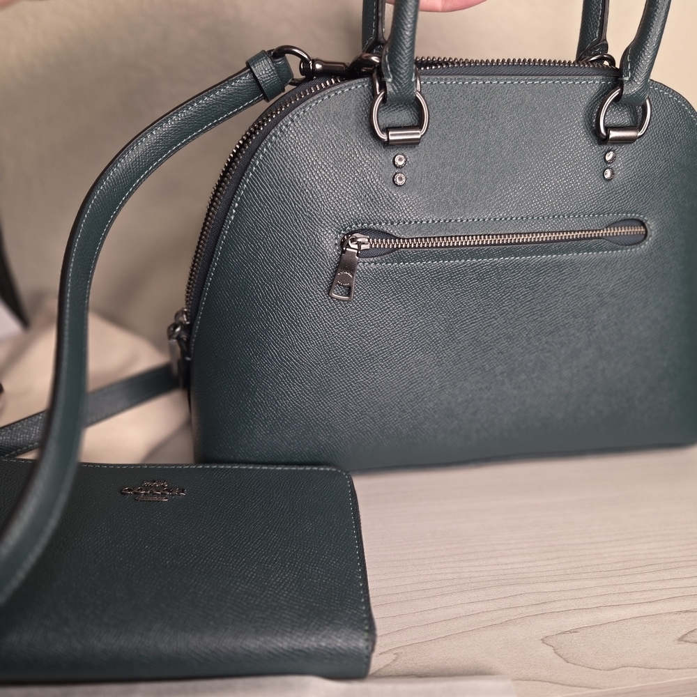 Coach Sierra Forest Green 2021 Leather Bag Set Gunmetal Hardware. Wallet NWT - Picture 6 of 13